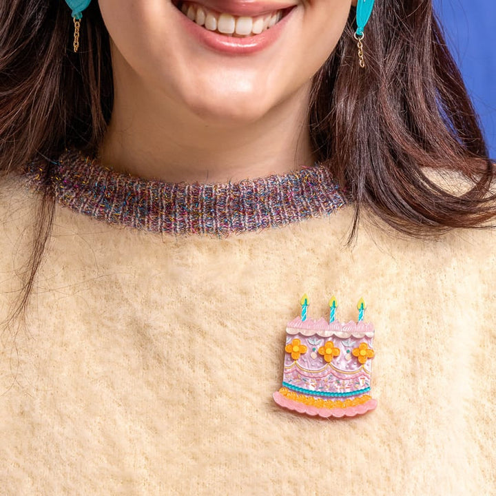 Erstwilder Hip Hip Hooray Brooch — official photograph worn on model
