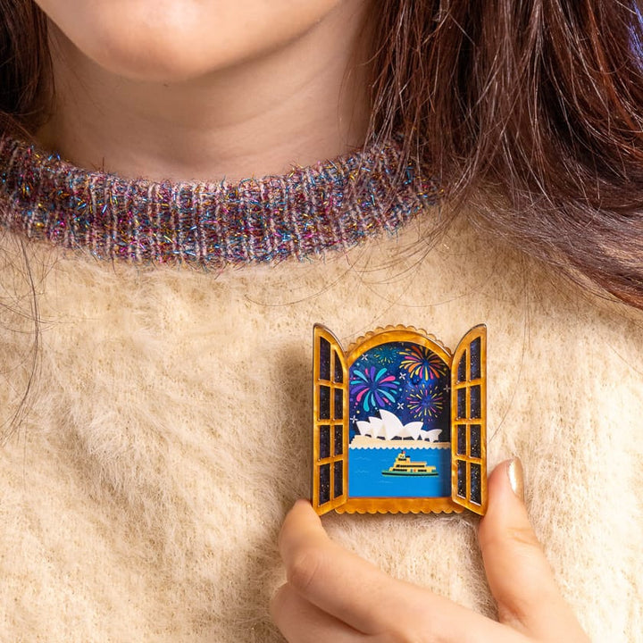 Erstwilder Fireworks Far &amp; Wide Brooch — official photograph worn on model