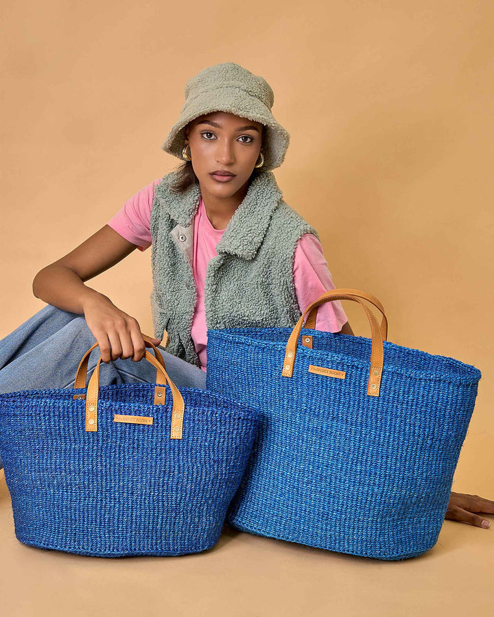 BANDARI True Blue and Tan Leather Sisal Shopper — official product photograph