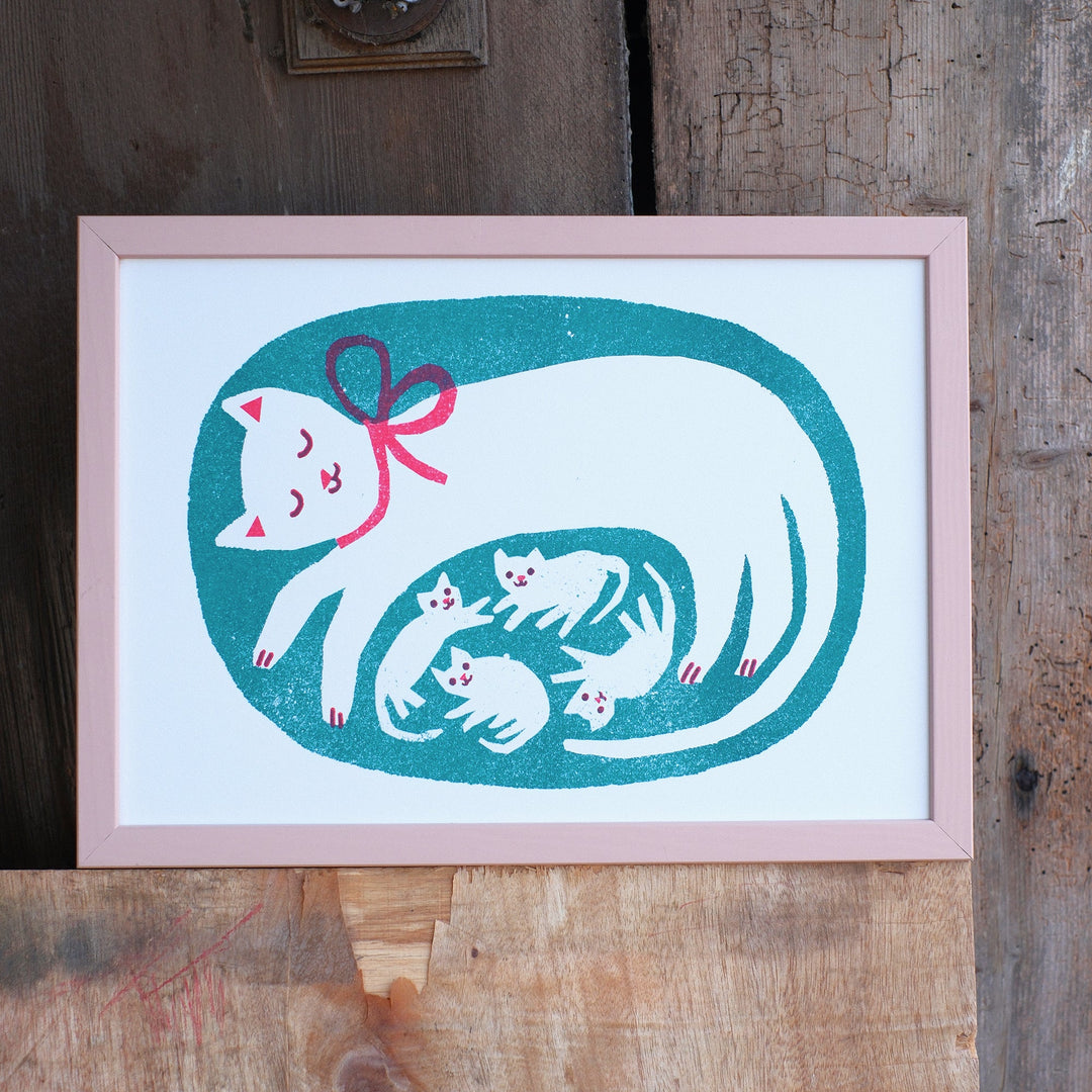 Cat & Kittens A4 Risograph Art Print by The Printed Peanut — additional product and styling view