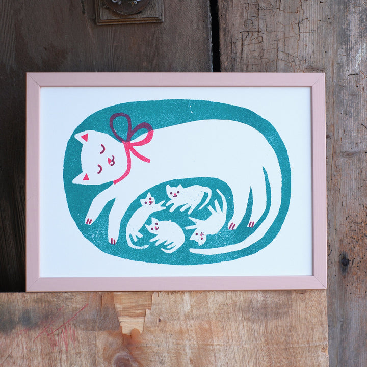 Cat & Kittens A4 Risograph Art Print by The Printed Peanut — additional product and styling view