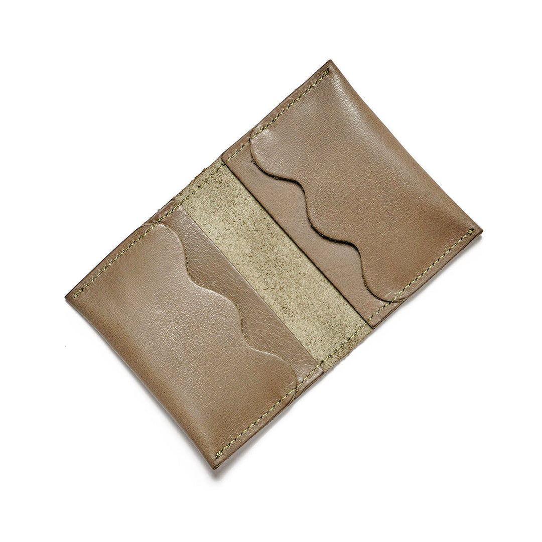 Project Dyad Wave Cardholder in Olive, open showing wave-edged card compartments