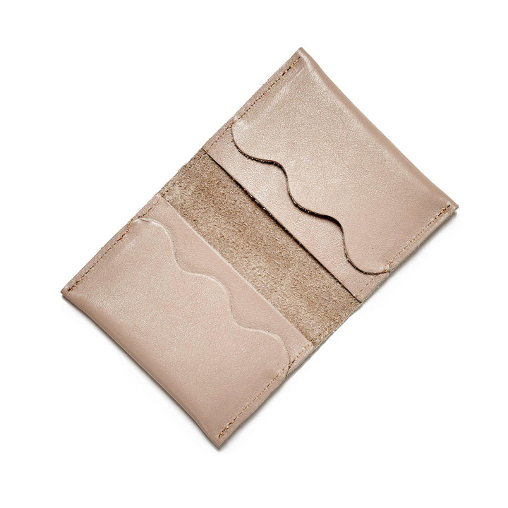 Project Dyad Wave Cardholder in Stone, open showing wave-edged card compartments
