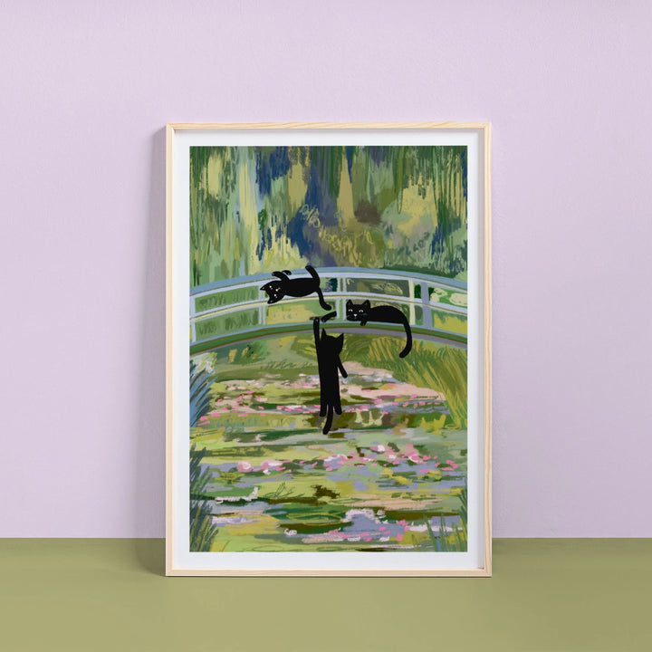 Clawed Monet Cats on a bridge Art Print A4