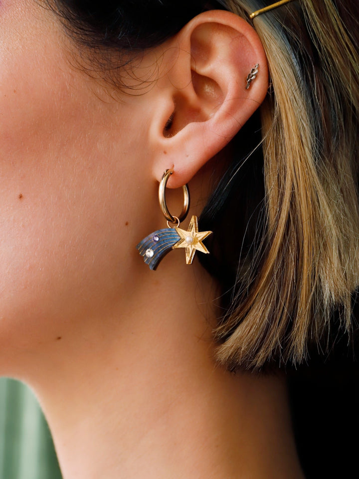 WOLF &amp; MOON | EARRINGS | Shooting Star &amp; Saturn Hoops