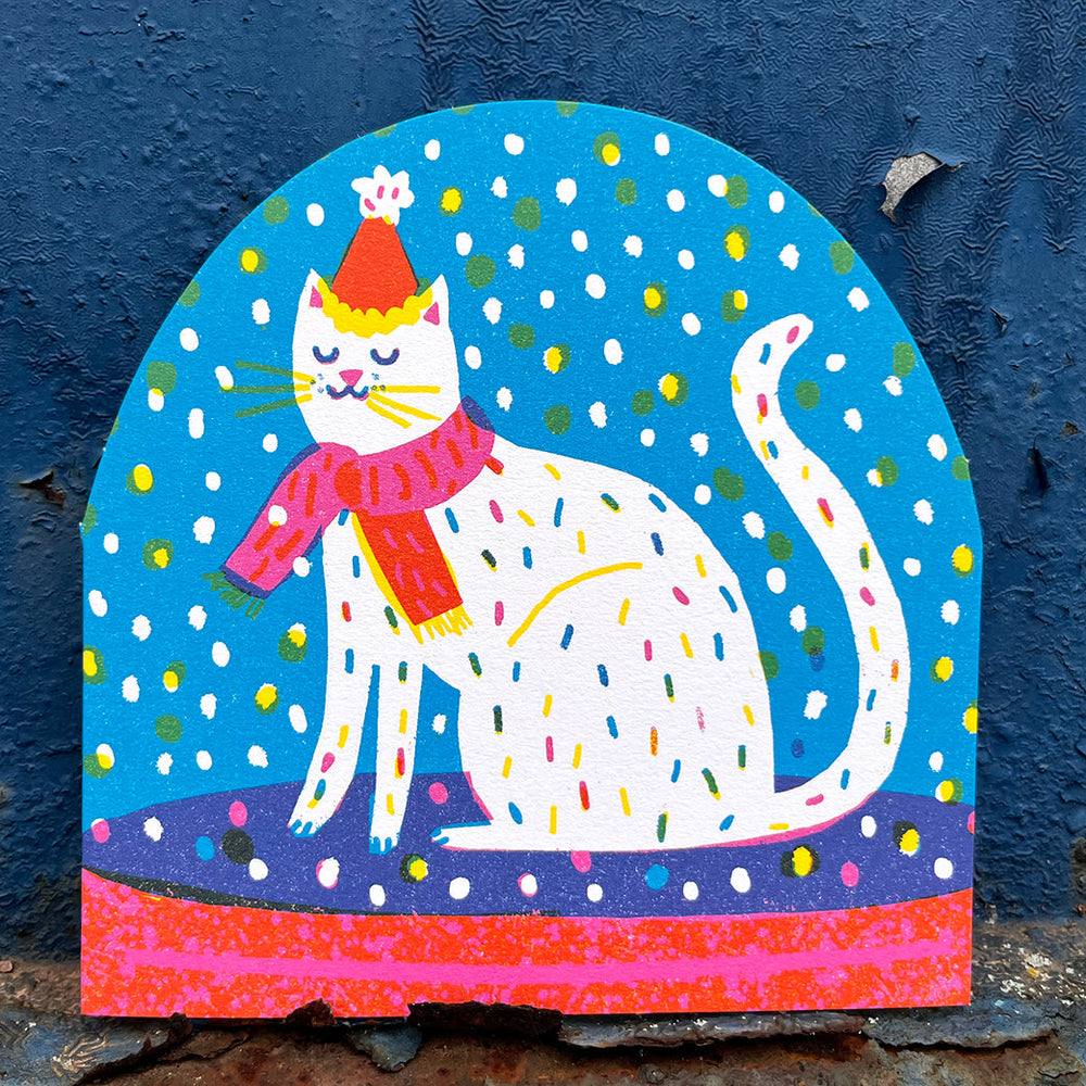 Winter Party Cat Large Snowglobe Card by The Printed Peanut — additional product and styling view