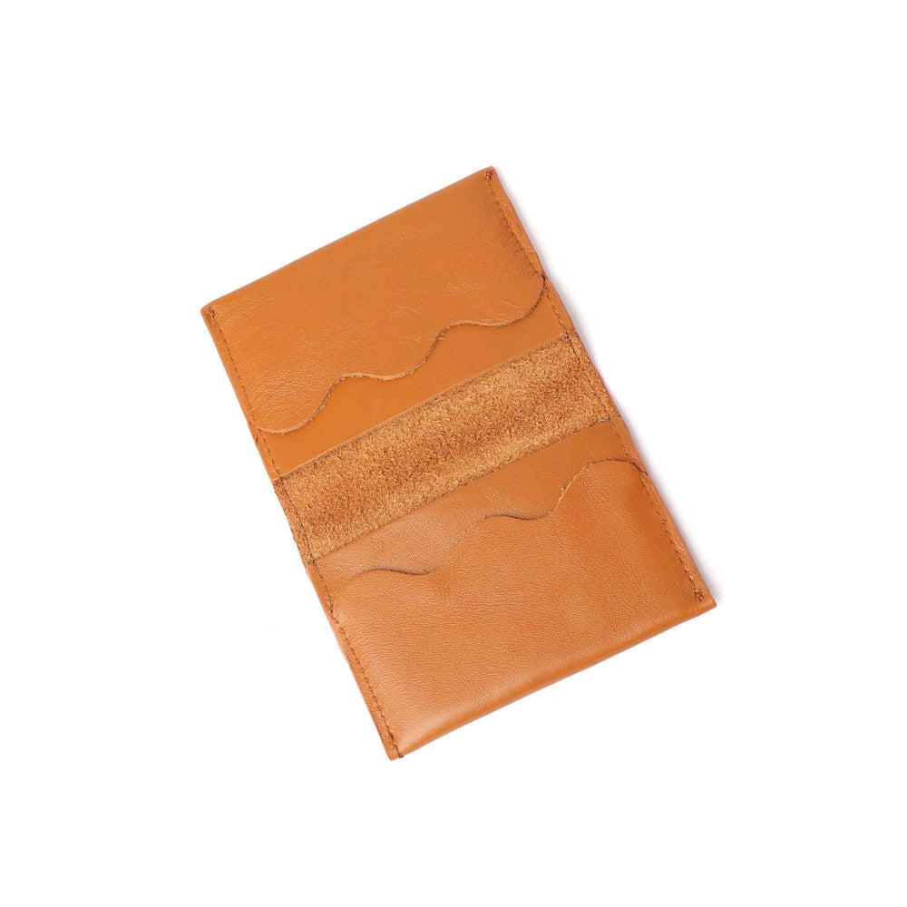 Project Dyad Wave Cardholder in Tan, open showing wave-edged card compartments