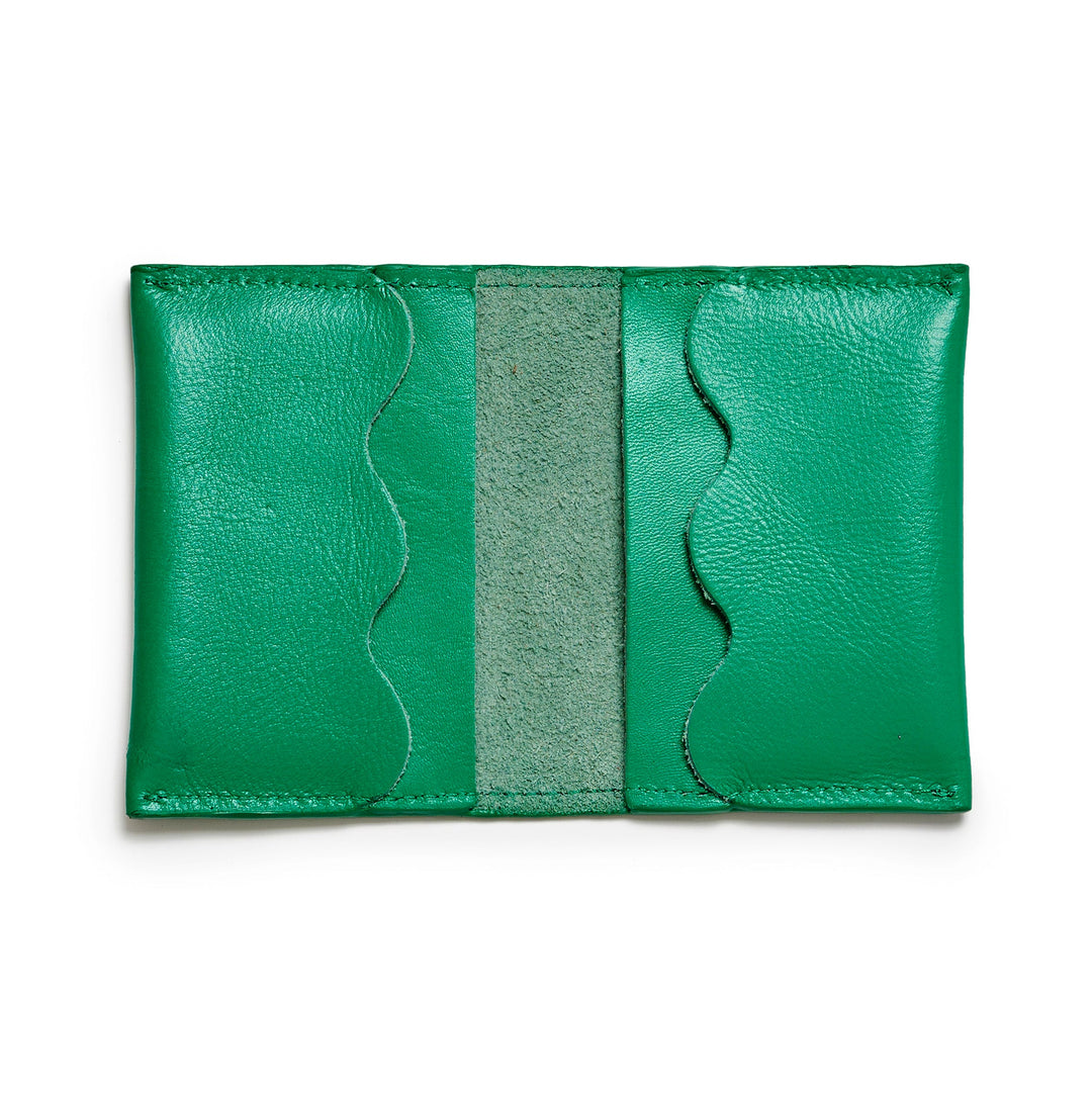 Project Dyad Wave Cardholder in Lawn Green, open showing wave-edged card compartments