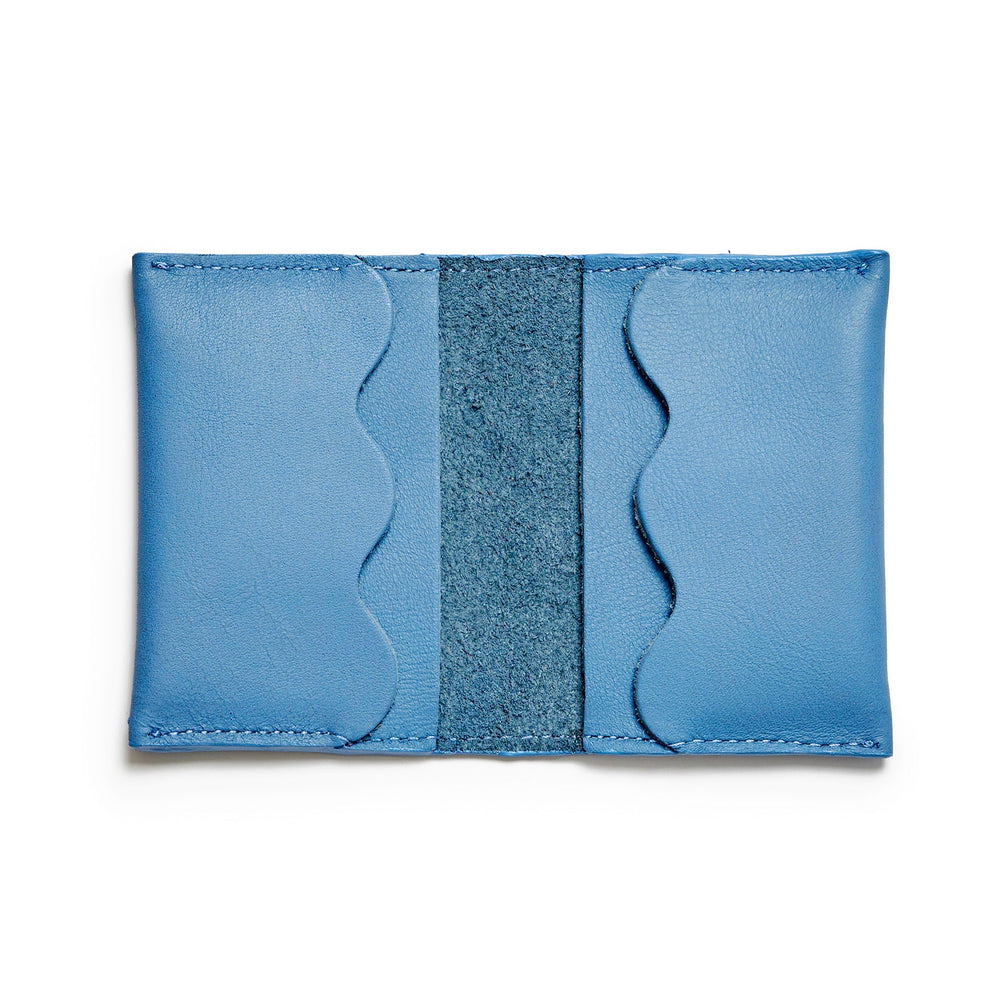 Project Dyad Wave Cardholder in Sky Blue, open showing wave-edged card compartments
