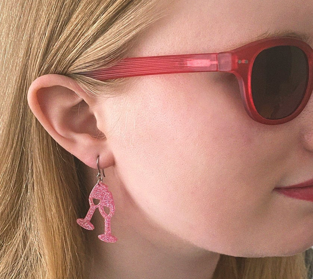 ERSTWILDER | EARRINGS | Champagne Flute Glitter Drop Earrings - Pink