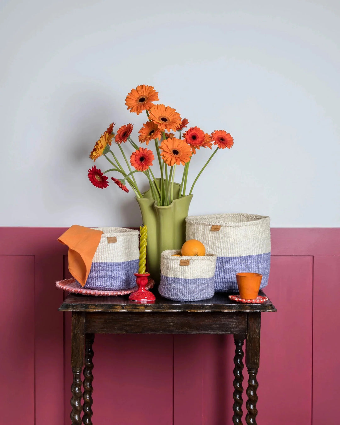 JADALA by The Basket Room — basket size range styled with flowers on a side table