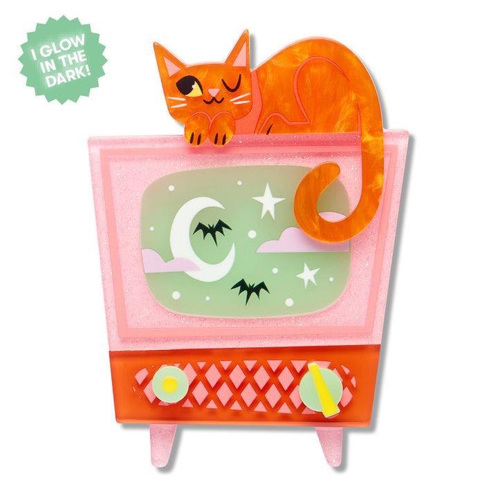 Erstwilder Retro Static Brooch, orange cat on a pink retro television