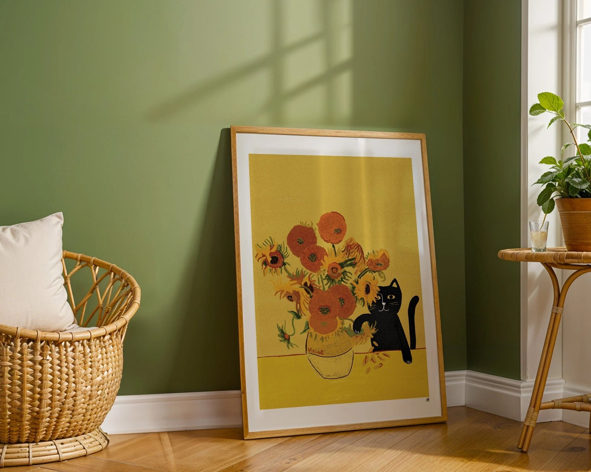Niaski Sunflower Vase cat art print in a home setting