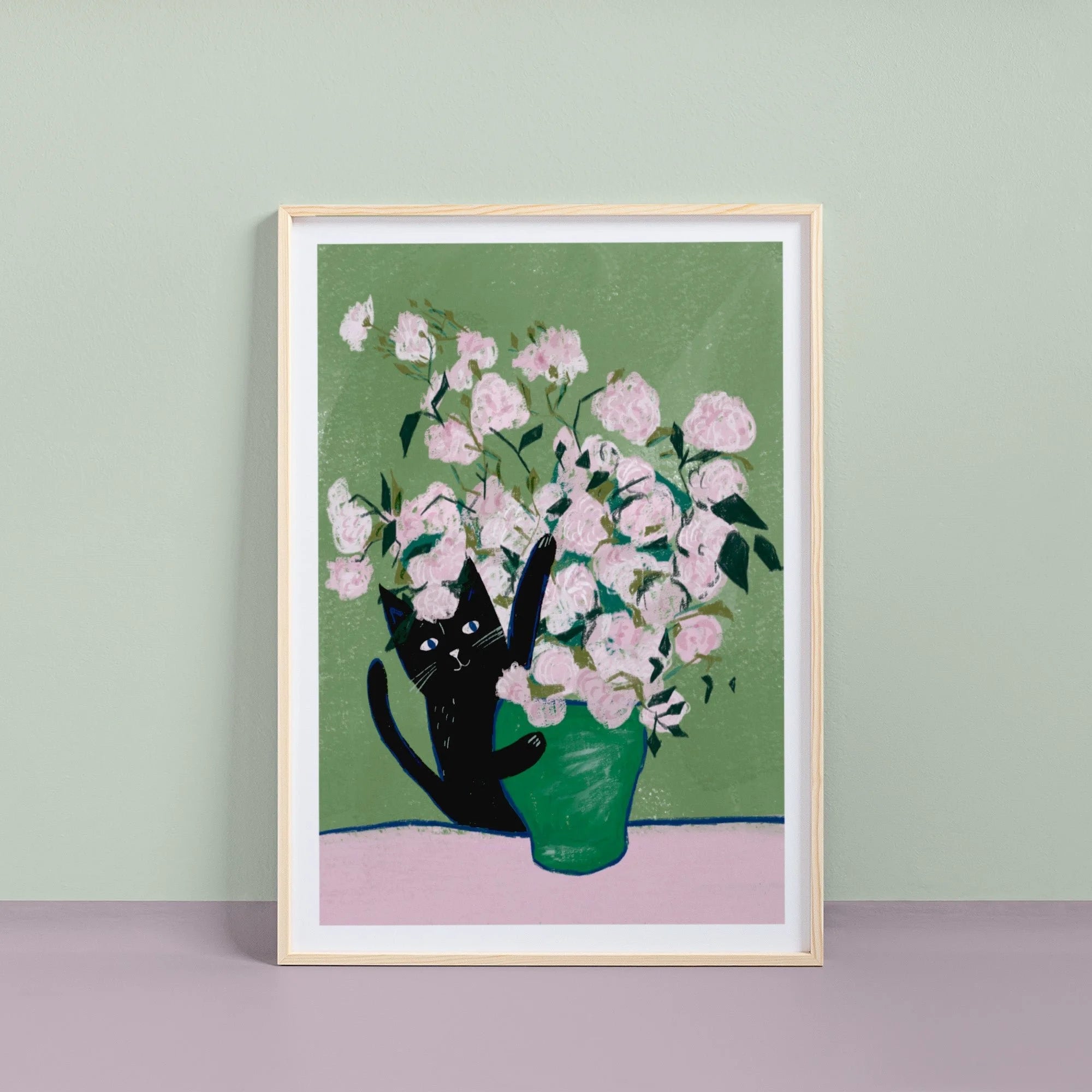 Vincat and the Roses cat art print on a pale green backdrop