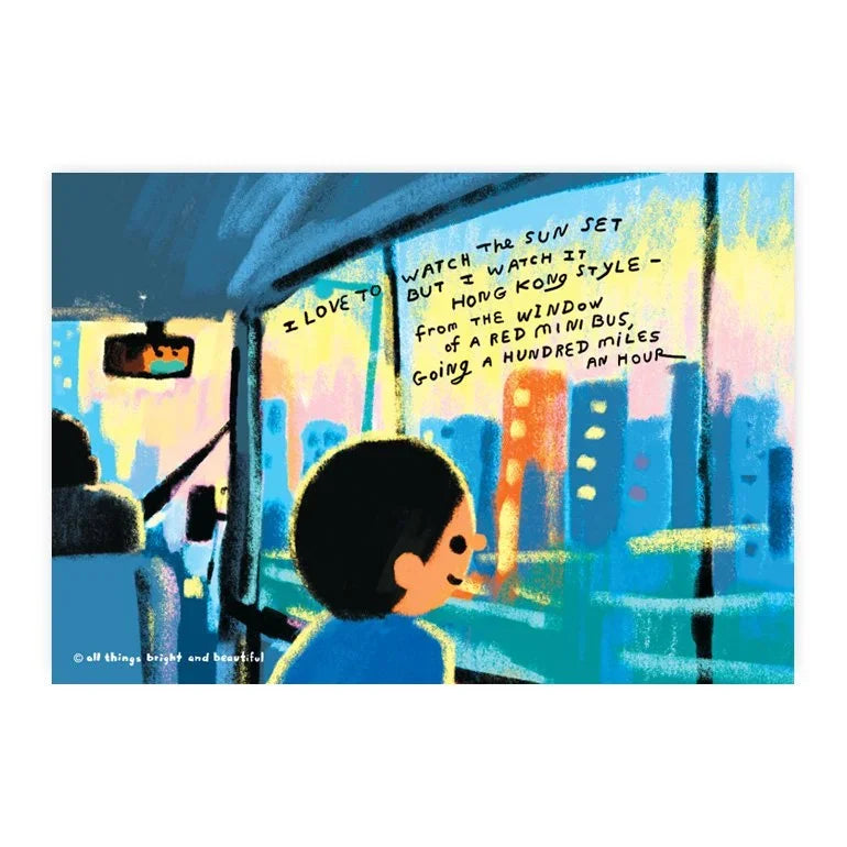 Minibus Sunset original illustrated postcard