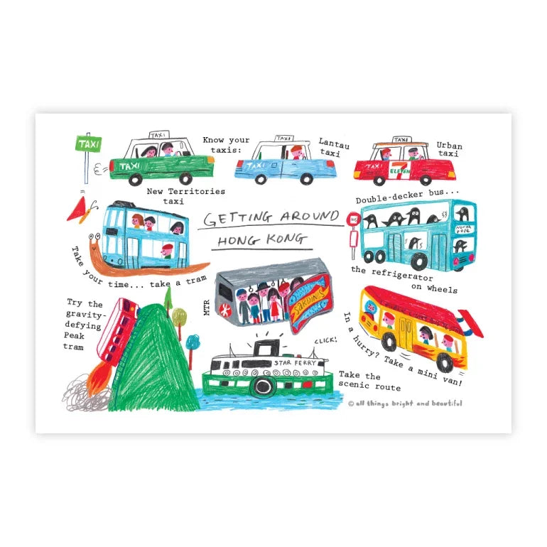 Getting Around Hong Kong original illustrated postcard