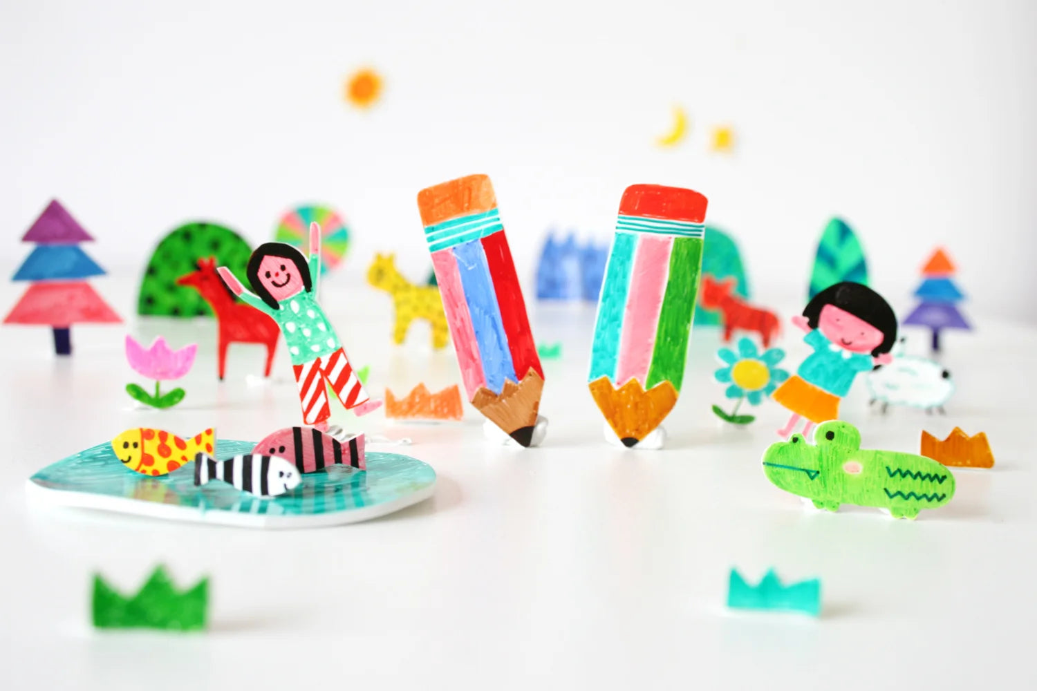 Original All Things Bright and Beautiful paper characters and coloured pencil brand scene