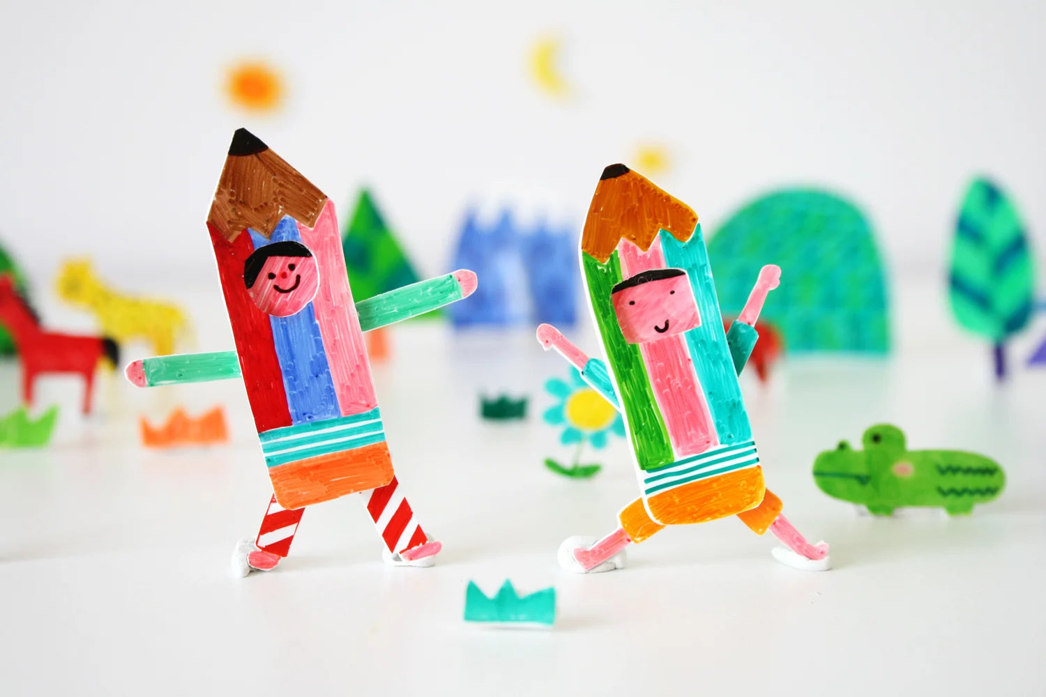 Original brand paper animals and coloured pencil scene
